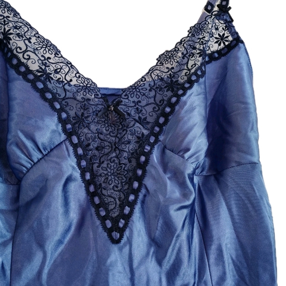 Womens Coquette Satin Slip Dress Size M Blue Lace Trim Babydoll Y2K Fairycore - Picture 2 of 11